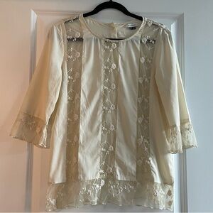 Anthropologie Cream Lace Panel 3/4 Sleeve Blouse